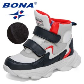 BONA 2022 New Designers High Top Winter Hiking Shoes Children Warm Sports Shoes Boys Non-slip Outdoor Plush Ankle Boots Girls (Color: White deep blue red, size: 5)