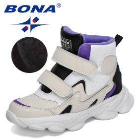 BONA 2022 New Designers High Top Winter Hiking Shoes Children Warm Sports Shoes Boys Non-slip Outdoor Plush Ankle Boots Girls (Color: Light beige purple, size: 4.5)